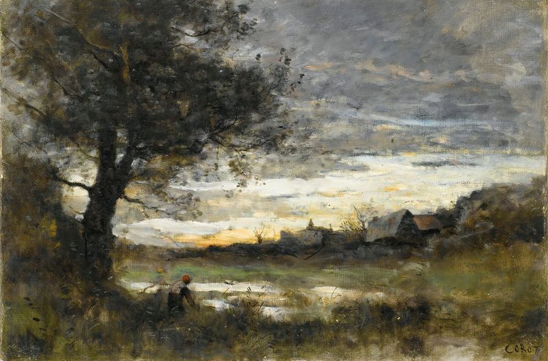 Paisagem ao pôr do sol, óleo sobre tela de Jean-Baptiste-Camille Corot