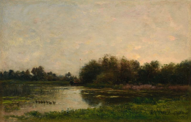 Bords de l’Oise by Charles François Daubigny, oil painting of a tranquil river landscape with gentle grasses.