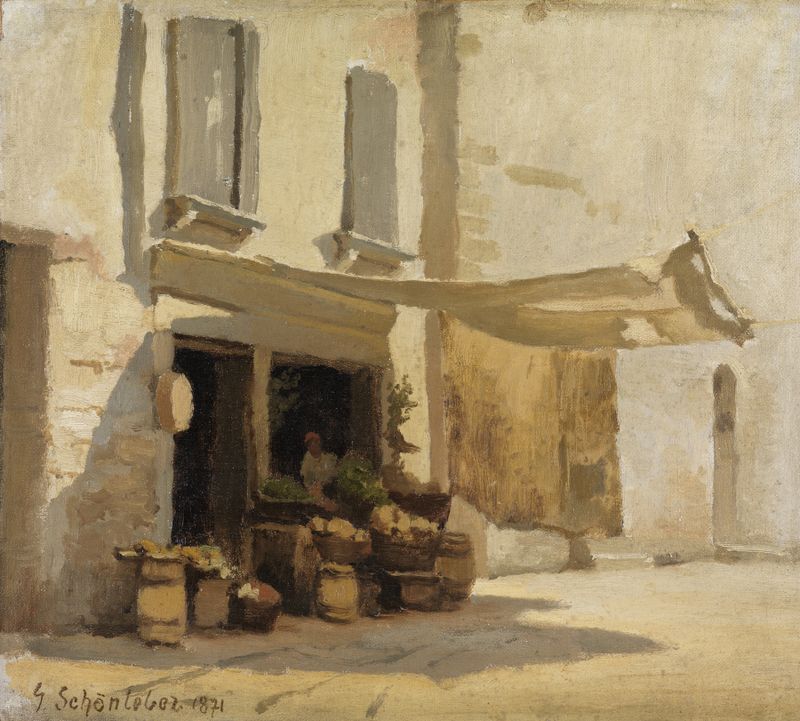 Still life of ripe fruit in warm light, oil painting by Gustav Schönleber, 1871