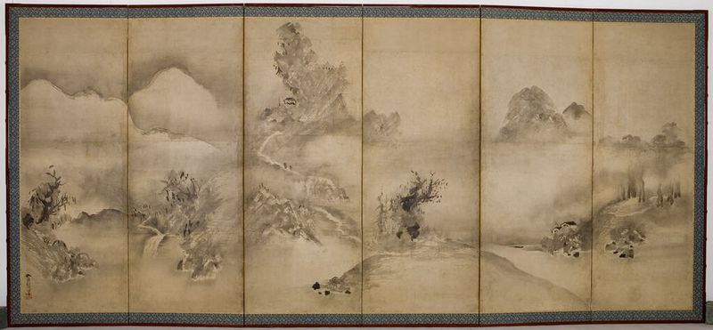 River landscape in ink on paper by Shūgetsu Tōkan