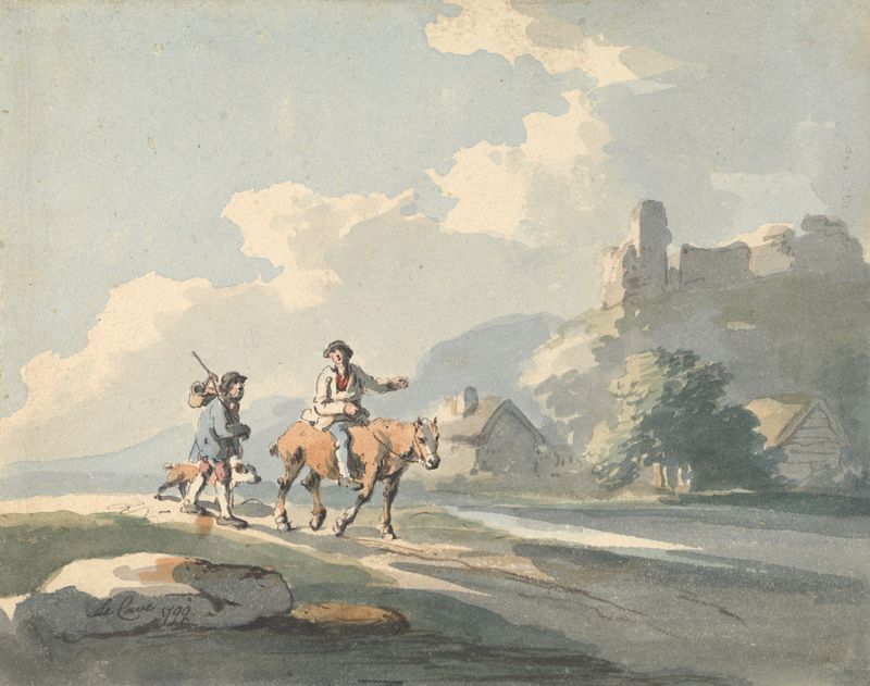 Oil painting by Peter La Cave showing two travelers and a dog on a road with cottages and ruins.