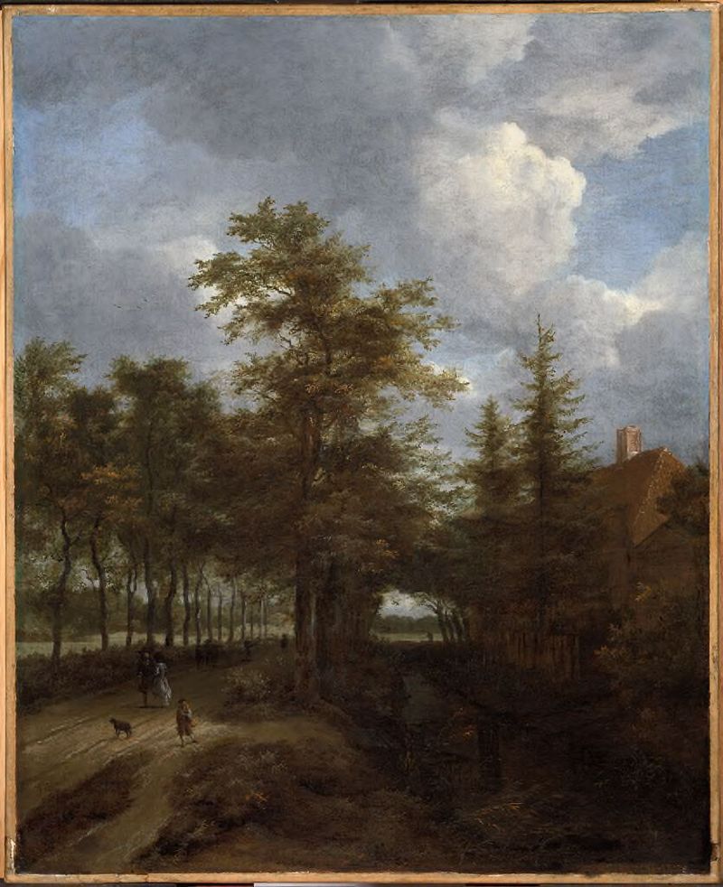 Road Lined with Trees, óleo sobre tela de Jacob van Ruisdael, com árvores altas e um caminho de cascalho.