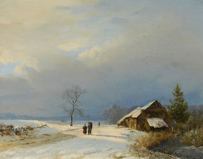 Paisaje invernal holandés con escarcha, óleo sobre lienzo de Barend Cornelis Koekkoek