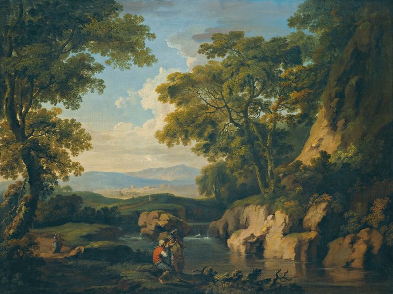 A mountainous wooded landscape with figures by a river, oil on canvas by George Barret