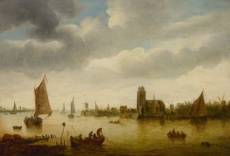 Rivierlandschap de Jan van Goyen, pintura al óleo que representa una escena fluvial tranquila con barcos.