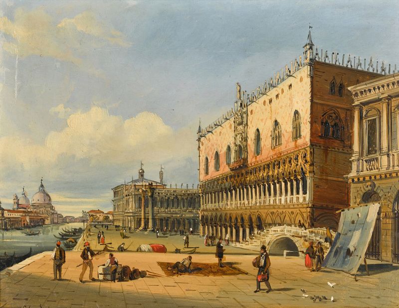 Venetian View II by Carlo Grubacs, oil on canvas depicting a tranquil canal with golden reflections.