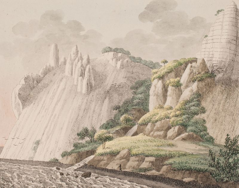 Paisaje que representa acantilados y mar de Søren L. Lange, pintura al óleo