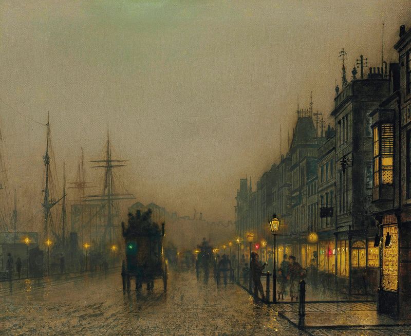 Paisaje al atardecer con calle de adoquines y reflejos en el agua, pintura al óleo de John Atkinson Grimshaw