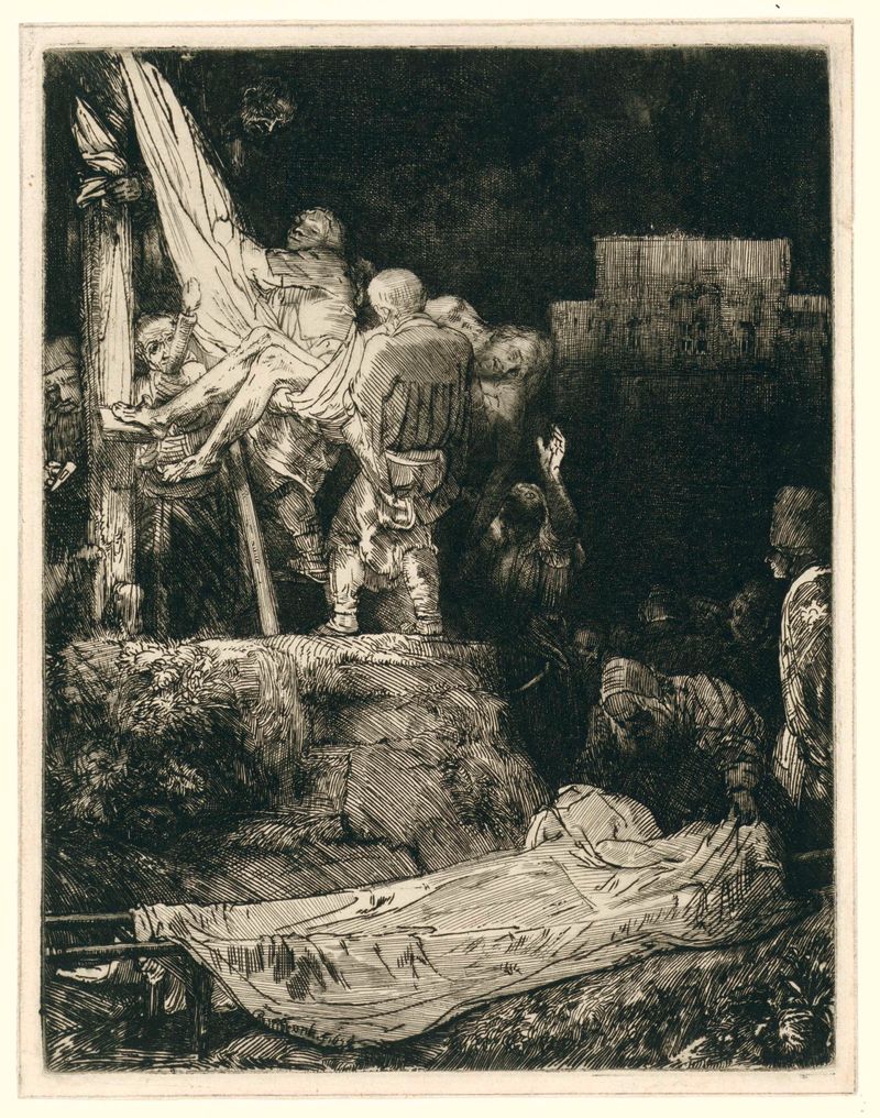 La Descida de la Cruz a la Luz de Antorchas, grabado de Rembrandt van Rijn