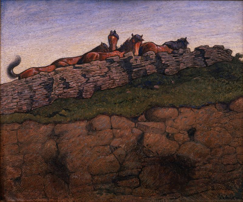 Paisagem de Nils Kreuger, pintura a óleo que retrata um horizonte sereno com luz e sombra suaves.