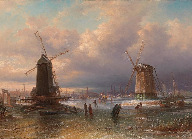 Winter Pleasures on the Ice outside a Dutch Town by Elias Pieter van Bommel, oil painting depicting figures skating on a frozen lake.