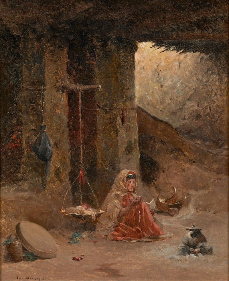 Obra de Romanticismo de Eugène Deshayes mostrando uma mulher fiando fibras.
