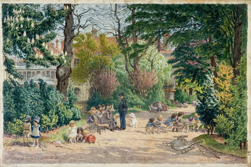 Paisaje que muestra una plaza iluminada por el sol en París de Félix Brard, pintura al óleo