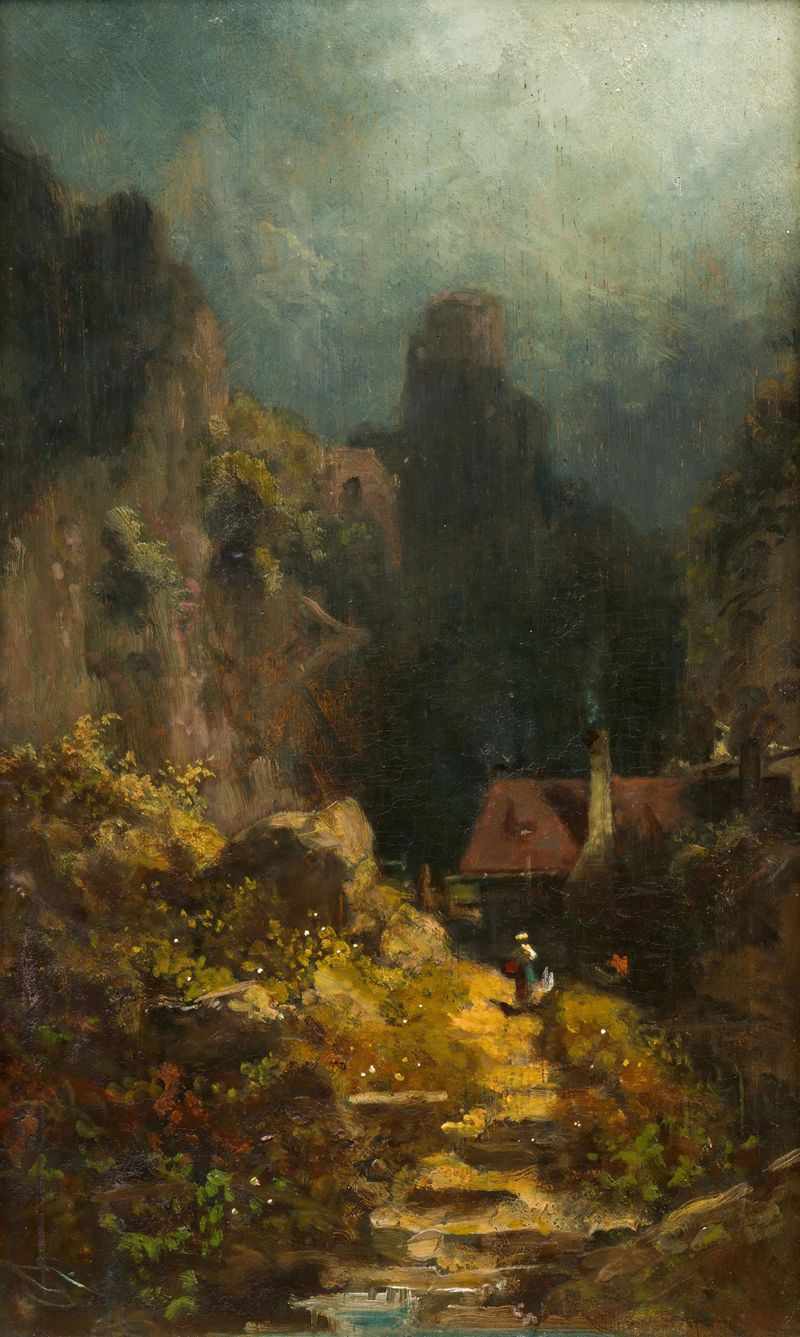 Landscape with a house and hills, oil painting by Carl Spitzweg