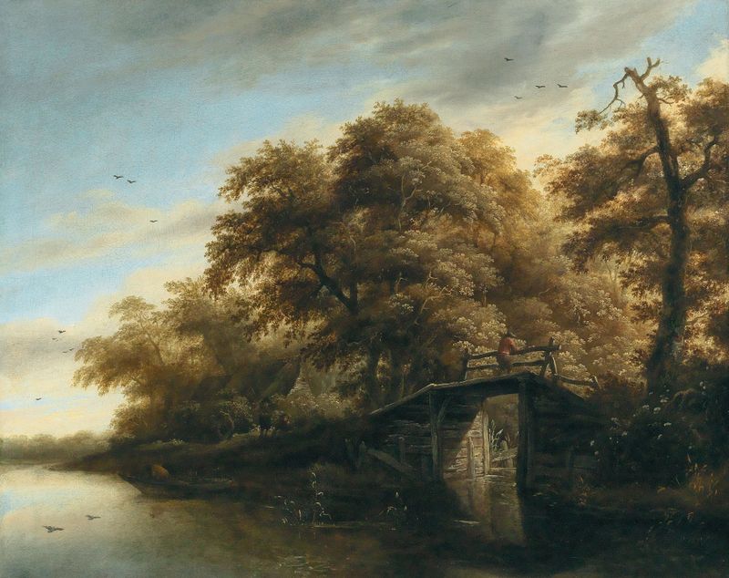 A river landscape with a fisherman on a bridge, oil on canvas by Roelof Jansz. van Vries