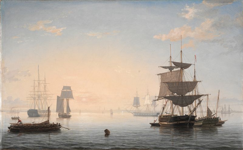 Harbor of Boston by Fitz Henry Lane, oil on canvas, depicting boats and city skyline at sunset