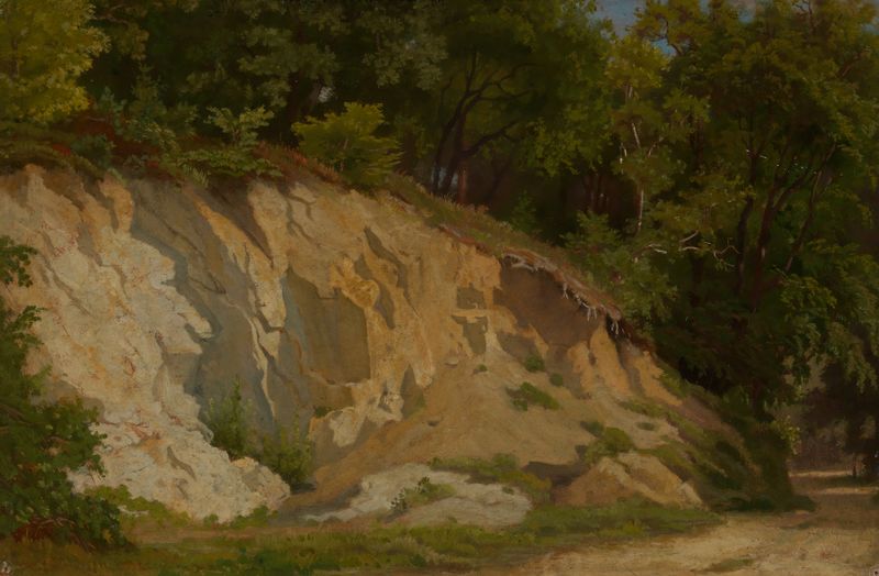 Landscape oil painting by Emil Lugo featuring a forest path and rocky cliff.