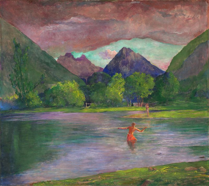 Oil painting by John La Farge of a fisherman spearing a fish at Tautira River, Tahiti