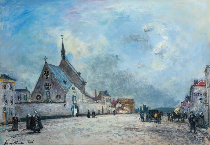 La Place De L’église de Johan Barthold Jongkind, óleo que representa una iglesia y adoquines.