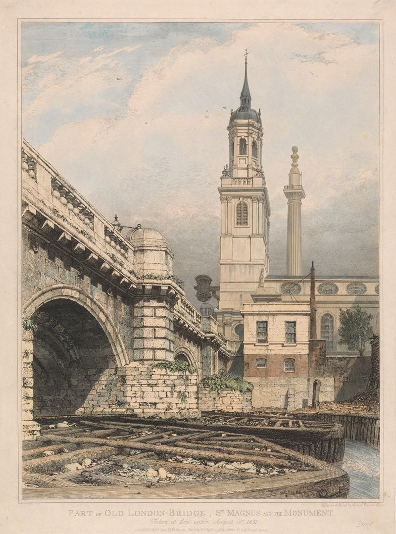 Pintura al óleo de Edward William Cooke que representa el Viejo Puente de Londres y el río.