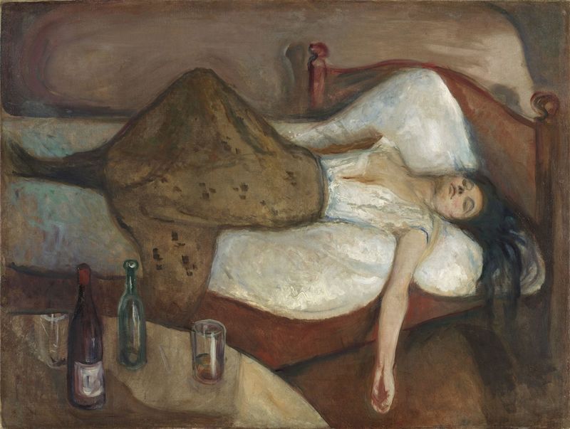The Day After, oil on canvas by Edvard Munch, features a solitary figure in deep blue and gray tones.
