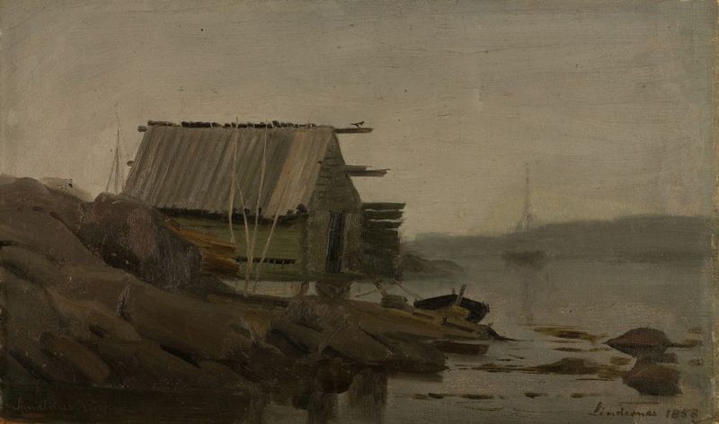 Sjøbod, Lindesnes de Amaldus Nielsen, pintura a óleo com um abrigo de pesca e reflexos no fiorde.