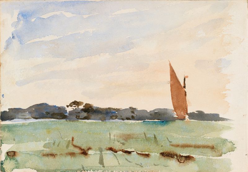 The Norfolk Broads, at Evening by Nathaniel Hone the Younger, oil painting depicting a tranquil river at sunset.