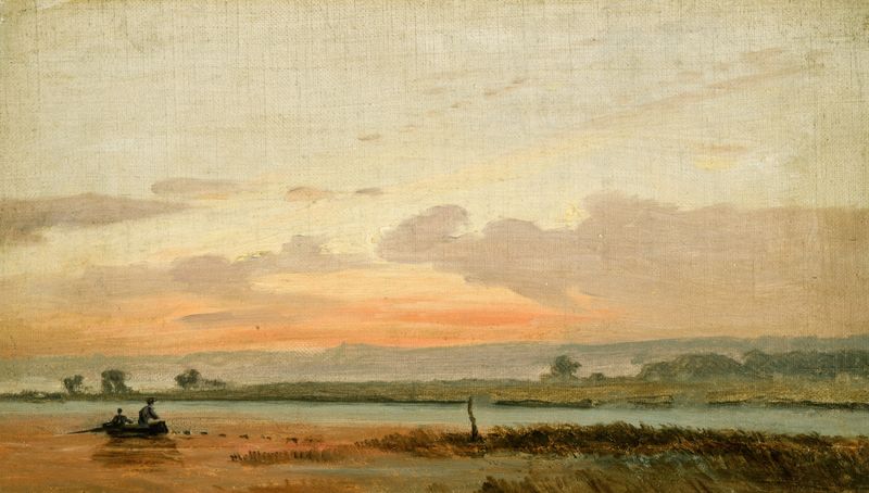 Landscape with Evening Sky by Jørgen Sonne, oil on canvas depicting twilight colors over distant hills.