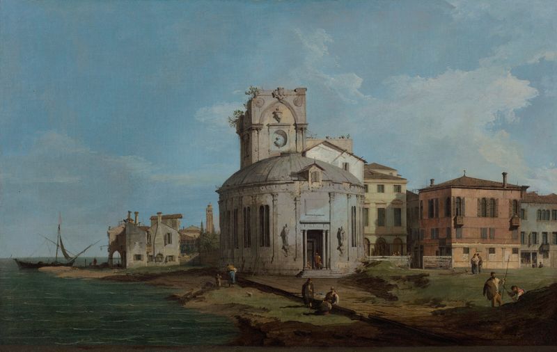 A Venetian Capriccio com uma igreja oval de Canaletto, óleo sobre tela