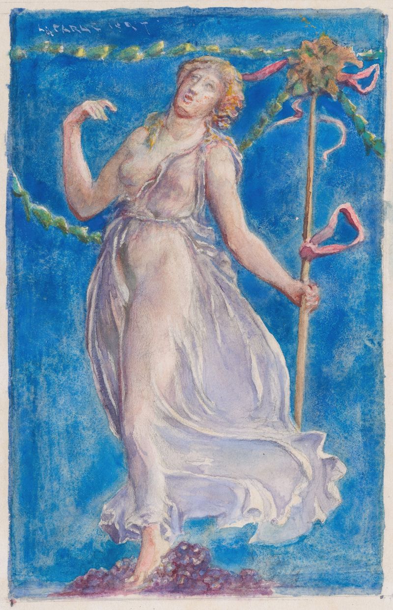 A Bacchante de John La Farge, óleo sobre lienzo, con una figura radiante entre colores sombríos.
