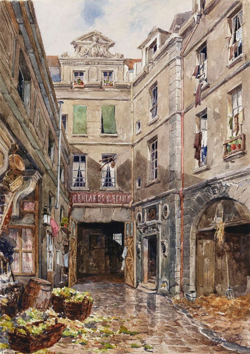 Interior scene of a courtyard in oil painting by Henri Berthaut