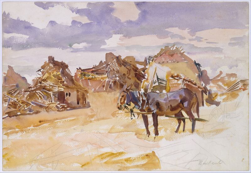 Mules and Ruins de John Singer Sargent, pintura a óleo que mostra dois mulas contra ruínas.