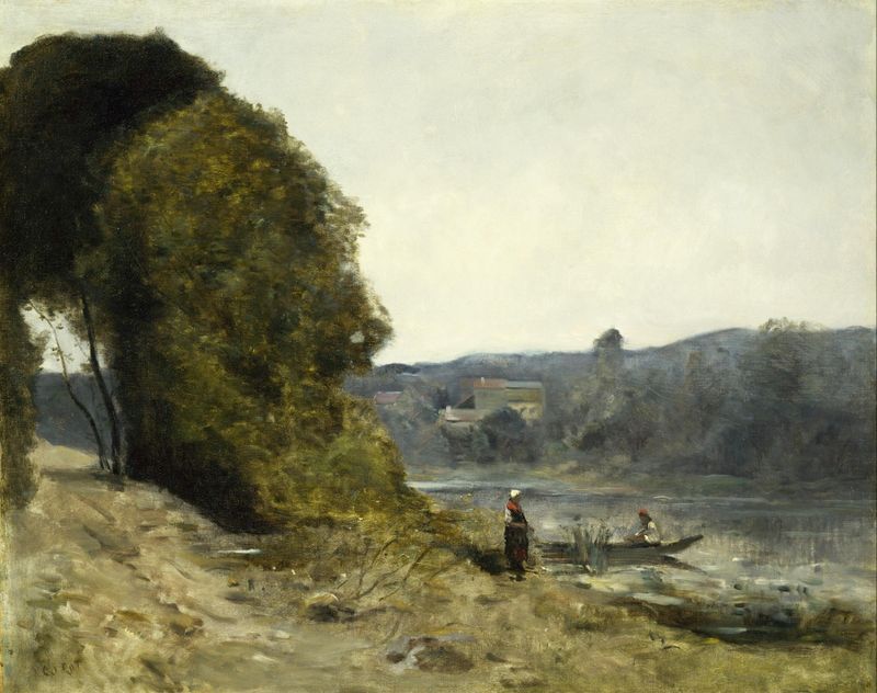 A Partida do Barqueiro de Jean-Baptiste-Camille Corot, óleo sobre tela, retratando uma cena tranquila do rio.