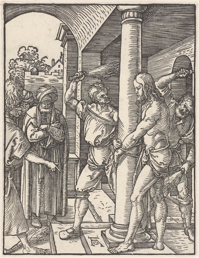 Religious etching by Albrecht Dürer depicting Christ bound with chiaroscuro effects.