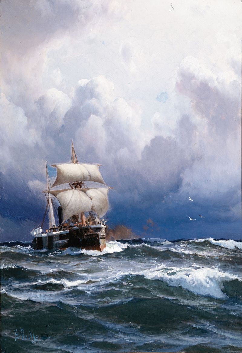 Óleo sobre tela de Eduardo de Martino mostrando El Almirante Brown chegando a um porto