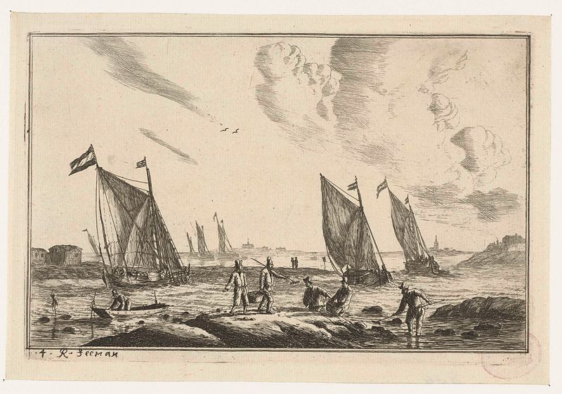 Etching by Reinier Nooms depicting a waterway with greenery