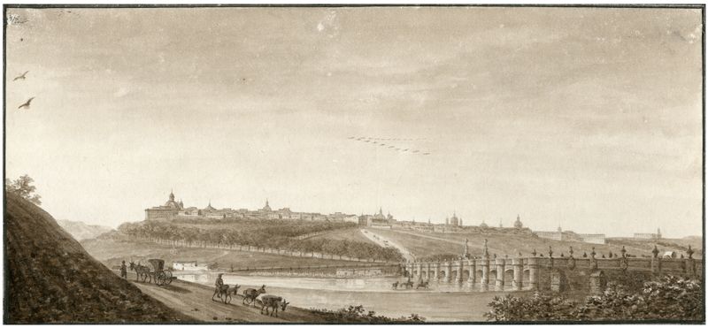 Pintura a óleo de paisagem de Otto Howen representando Madrid e a ponte de Toledo