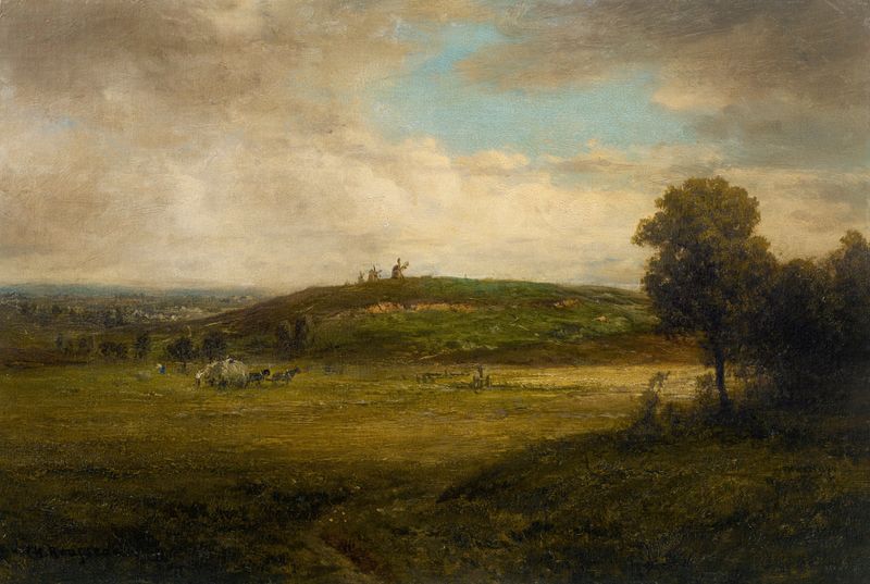 Paisaje de Montmartre con molinos y nubes, pintura al óleo de Théodore Rousseau