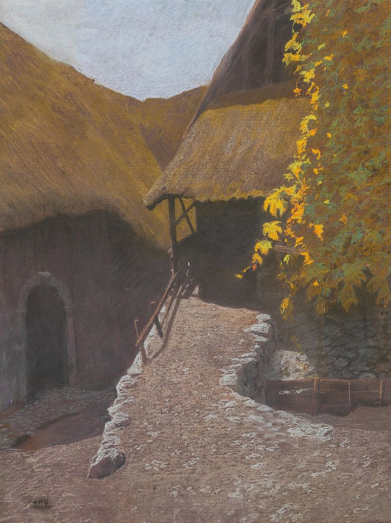 Gehöft mit wildem Wein im Sonnenlicht de Otto Barth, óleo sobre tela retratando videiras selvagens à luz do sol.