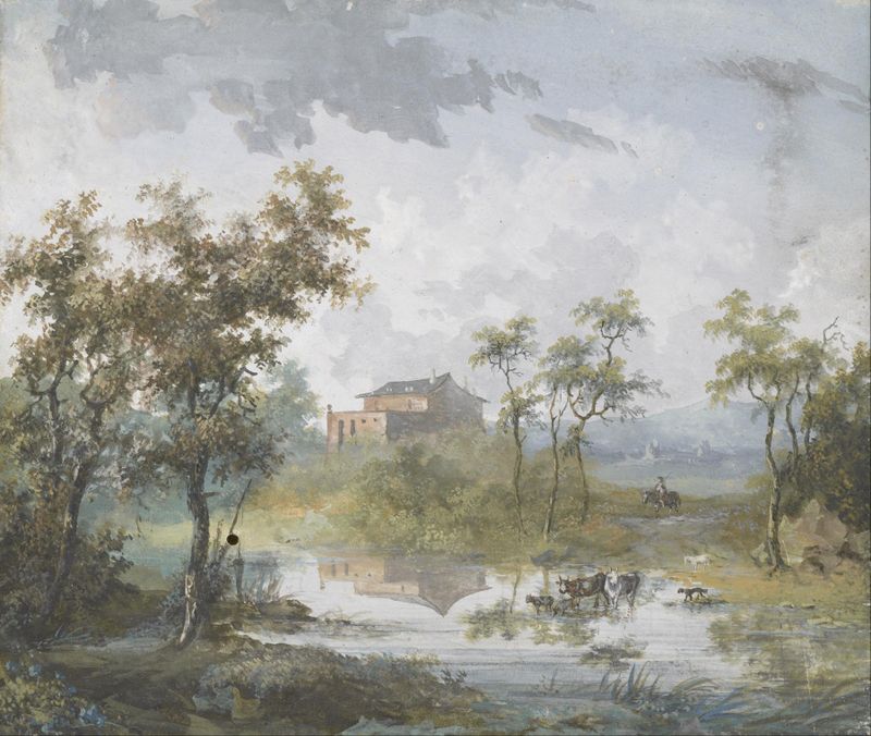 Rococo landscape with a river and trees by Louis Gabriel Moreau