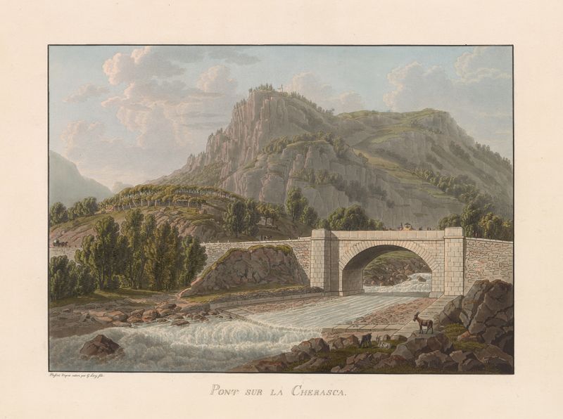 Pont sur la Cherasca by Gabriel Lory the Younger, oil on canvas showing a river and bridge.