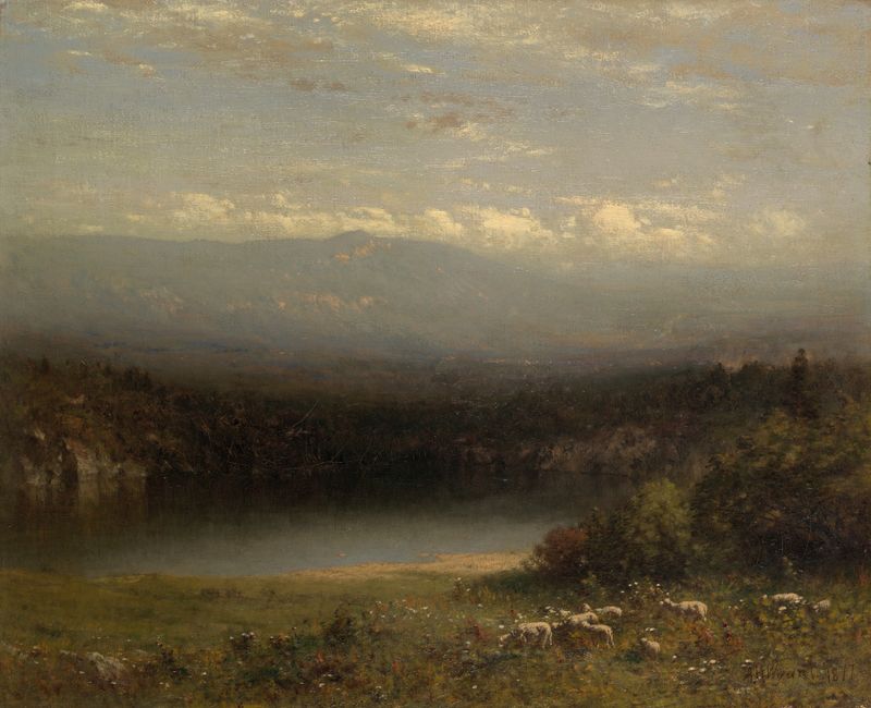 Mountain Lake by Alexander Helwig Wyant, oil on canvas showing a tranquil lake and mountains.