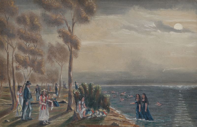 Bathing Party by William P. Chappel, oil on canvas depicting figures by the water.