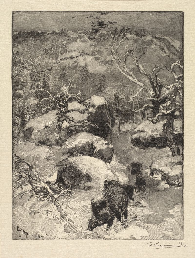 Cuvier-Châtillon Cliff grabado de Auguste Louis Lepère mostrando acantilados empinados y texturas intrincadas.