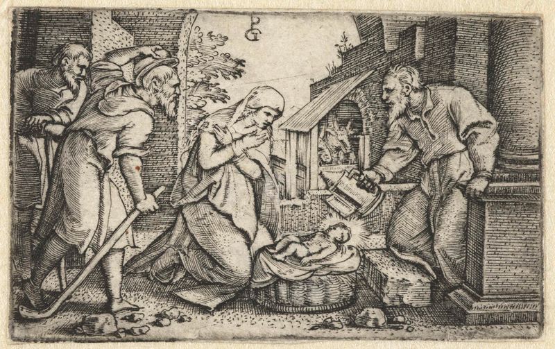 Grabado de Georg Pencz que representa la escena de la natividad con la Virgen María y el niño Cristo
