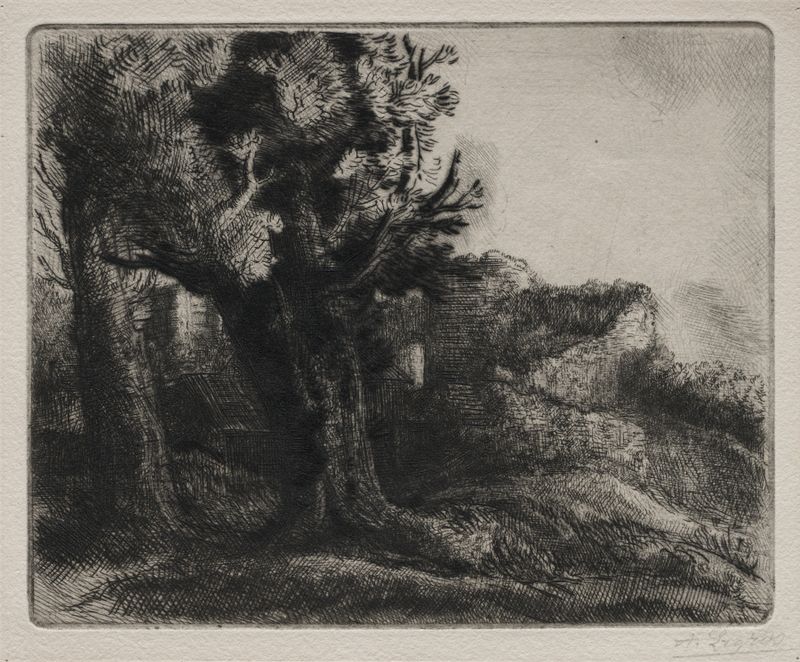 Pintura al óleo de Alphonse Legros que muestra ruinas con luz y sombra