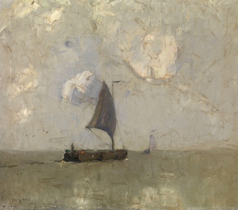 Rain on the Scheldt de Frans Hens, pintura al óleo, paisaje con tonos grises y azules
