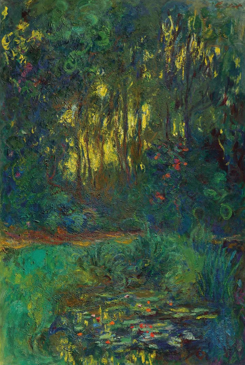 Coin du bassin aux nymphéas de Claude Monet, óleo sobre lienzo que muestra nenúfares y reflejos.