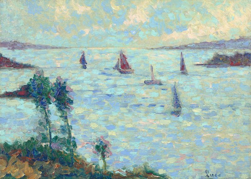 Voiliers au large de Kermouster, óleo sobre lienzo de Maximilien Luce, que representa barcos con velas coloridas en agua t...