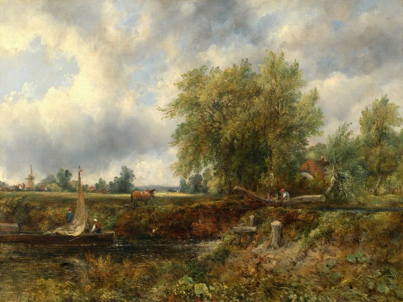 A Lock on the Stour, óleo sobre tela de Frederick Waters Watts retratando um rio tranquilo e uma floresta.